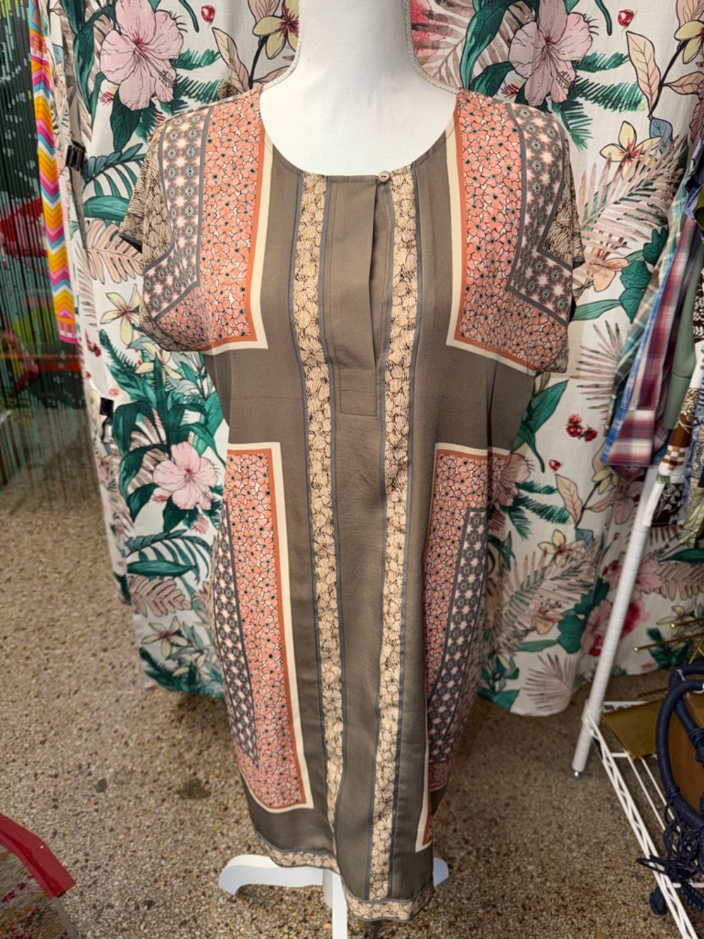 NIC & ZOE Boho Geometric Panel Tunic Dress in Taupe and Coral Size M